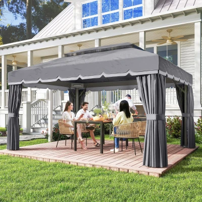 Outsunny Cenador de Jardín 4x3m Pabellón de Jardín Gazebo con Doble Techo 4 Cortinas y Mosquitera Marco de Aluminio UPF50+ Gris