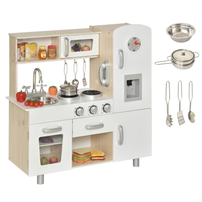 HOMCOM Cocina de Juguete de Madera con Fregadero Cocina de Inducción y Microondas Simulados con Accesorios Incluidos Cocina Infantil para +3 Años 74x30x81 cm Blanco