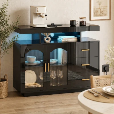 HOMCOM High Gloss Sideboard LED Power Outlets 3 Drawers Black
