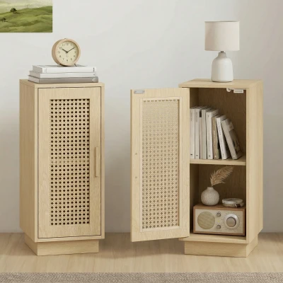 HOMCOM Conjunto de 2 Mesitas de Noche con Puerta de Ratán, Mesillas de Noche Estilo Boho Estante Ajustable Natural