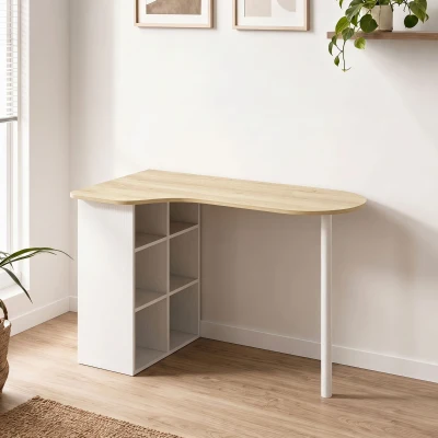 HOMCOM Birou neregulat 100 x 59 cm cu 6 compartimente, 4 rafturi reglabile și cadru din oțel, stejar