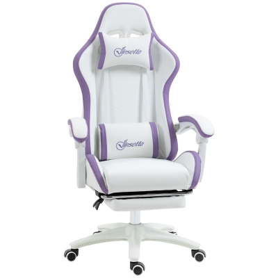 Vinsetto Silla Gaming Silla Gamer de Cuero PU Altura Ajustable Reclinable 135° Reposacabezas y Reposapiés 65x65x121-129 cm Blanco