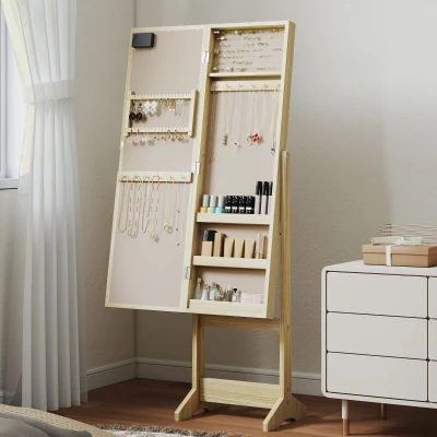 HOMCOM Espelho Joalheiro com Luzes LED Armário para Joias com Ângulo Ajustável Prateleiras Ranuras para Anéis 36x30x136 cm Madeira