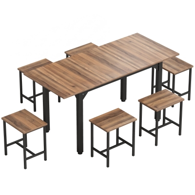 HOMCOM Set con Tavolo Allungabile e 6 Sgabelli, Nero e Noce