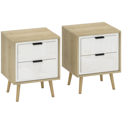 HOMCOM Juego de 2 Mesitas de Noche Modernas con 2 Cajones con Deslizamiento Silencioso 40x35x50 cm Blanco Brillo y Roble