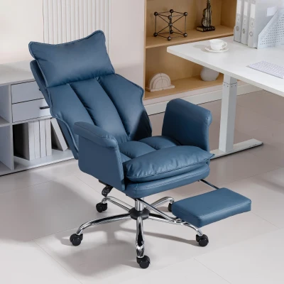 HOMCOM Silla de Escritorio con Reposapiés Respaldo Reclinable Alto Acolchado Grueso Tapizada en Cuero Sintético Ruedas Azul