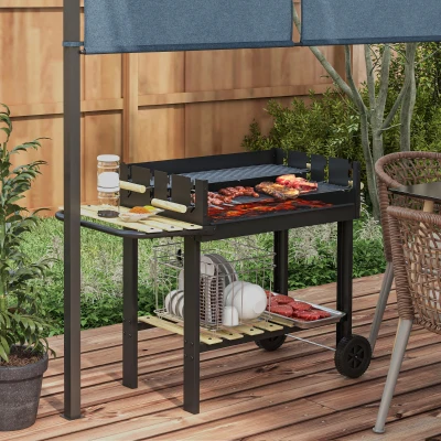 Outsunny Barbacoa de Carbón 113x53,5x82,5 cm con 2 Parrillas Alturas Ajustables Mesa Lateral, Estante y Ruedas para Jardín Negro