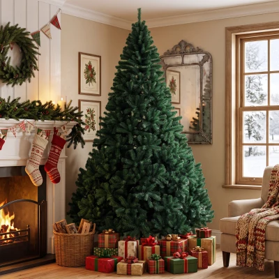 HOMCOM Árbol de Navidad de Abeto 270 cm con Ramas Articuladas 2418 Puntas de PVC Ignífugo Montaje Rápido Soporte de Acero Verde