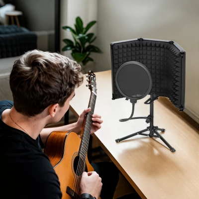 HOMCOM Microphone Isolation Shield with Tripod Stand Black