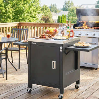 Outsunny Grill Cart Steel Tabletop with Cabinet Black