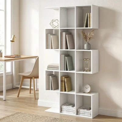 HOMCOM 5-Tier S-Shaped Bookcase 15 Compartments White