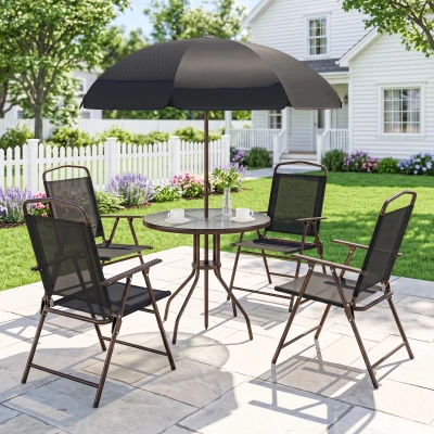 Outsunny Conjunto de Muebles para Jardín con 4 Sillas 1 Mesa y 1 Parasol Texteline Aluminio y Poliéster Negro
