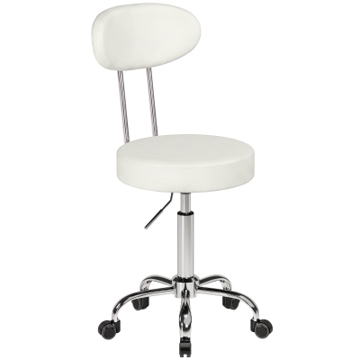 HOMCOM Taburete con Ruedas Giratorio Altura Regulable de Cuero Sintético con Respaldo para Spa Oficina Tatuajes Blanco