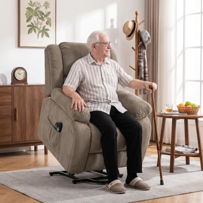 HOMCOM Fernsehsessel mit Massage- und Wärmefunktion, Elektrischer Aufsteh-Sessel, Fernbedienung, Seitentaschen, Hellbraun