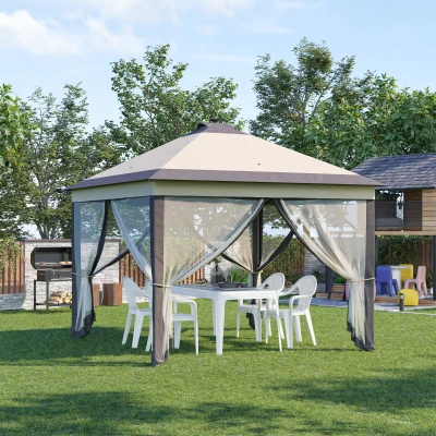 Outsunny Carpa Plegable con Luces LED 3,3x3,3 m Cenador de Jardín con Control Remoto  con 4 Mosquiteras Altura Ajustable Beige
