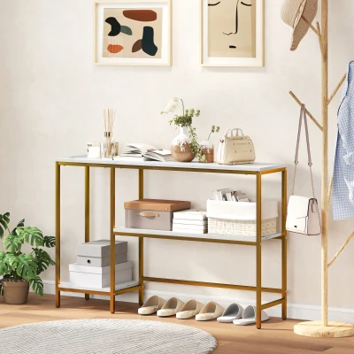 HOMCOM Console 120cm Blanc/Doré 3 Niveaux Imitation Marbre