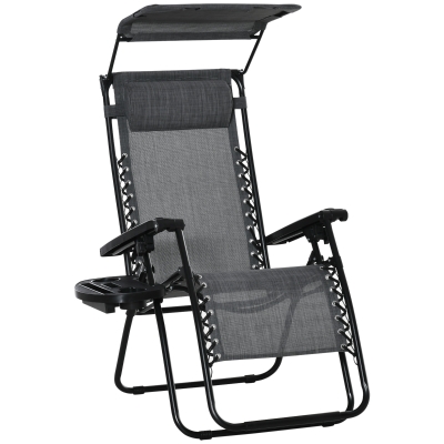 Outsunny Foldable Reclining Garden Chair with Headrest, Zero Gravity Deck Sun Lounger Seat with Footrest, Armrest, Cup Holder & Canopy Shade, Light Grey
