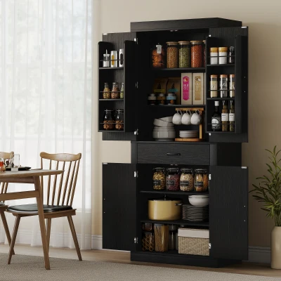 HOMCOM Dispensa Cucina con Armadietti, Ripiani e Cassetto Nero