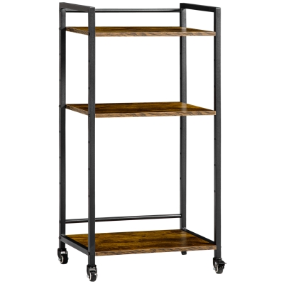 HOMCOM 3-Tier Rolling Utility Cart Rustic Brown with Lockable Wheels