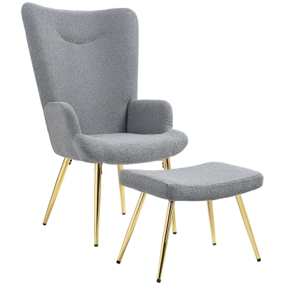 HOMCOM Fauteuil avec Repose-Pieds Tissu Gris Pieds Métal Doré