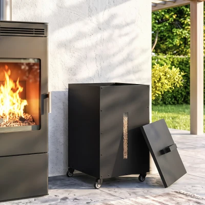 Outsunny Metall Pelletbehälter mit Rollen, 30 kg Pelletbox, Pelletlagerung mit Sieb 4 Füllstandsanzeigen 36,5 x 36,5 x 61,5 cm