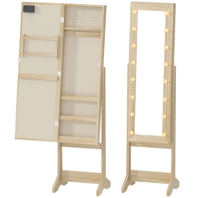 HOMCOM Espejo Joyero con Luces LED Armario para Joyas Armario Joyero de Pie con Espejo Entero Ángulo Ajustable Madera Natural