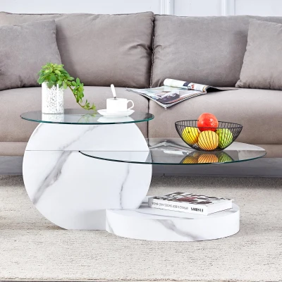 Table basse moderne minimaliste à 2 plateaux en verre de sécurité, Blanc