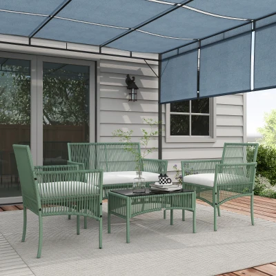 Outsunny Conjunto de Jardín Exterior de Ratán Sintético con 2 Sillones 1 Sofá de 2 Plazas 1 Mesa de Centro y Cojines Verde