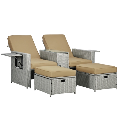 Outsunny 5PC PE Rattan Sun Lounger - Outdoor Wicker 5-Level Adjustable Recliner Sofa Bed with Storage Side Table and Footstools, for Patio, Garden, Poolside, Beige
