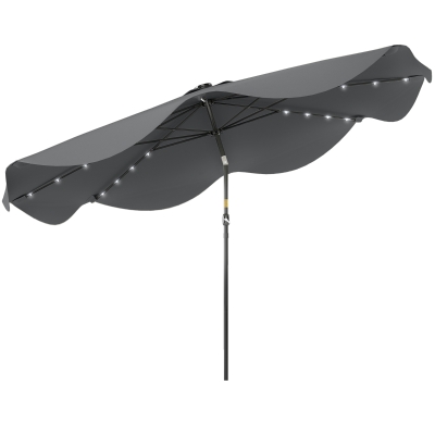 Outsunny Sombrilla de Jardín Manual Ø292x254 cm con 32 Luces LED Solares 8 Varillas Impermeable y Rejillas de Ventilación Gris
