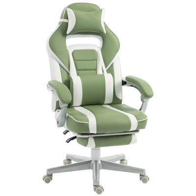 HOMCOM Silla Gamer Reclinable con Altura Ajustable Reposapiés Retráctil Soporte Lumbar y Reposacabezas Desmontable Verde