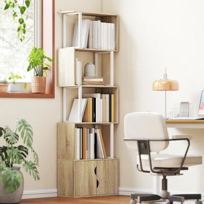 HOMCOM Bibliothèque 5 Niveaux Bois Naturel avec Placard
