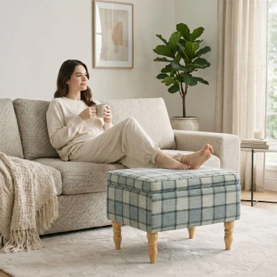 HOMCOM Linen Storage Footstool Rectangular Padded Seat Grey