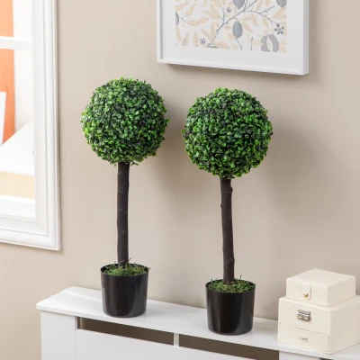 HOMCOM Set de 2 Arbustos Artificiales Decorativos 60cm Boj Sintético para Decoración Interior y Exterior Ø20x60 cm Verde