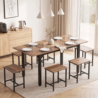 HOMCOM Set con Tavolo Allungabile e 6 Sgabelli, Nero e Noce