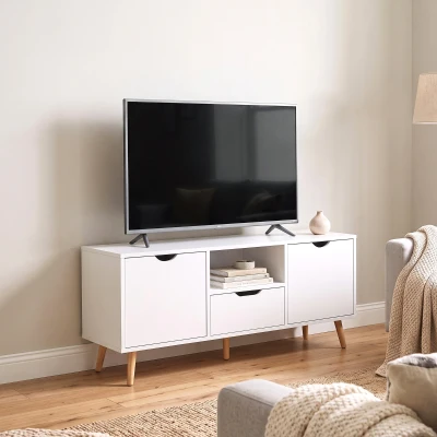HOMCOM Mueble de TV con Cajón 2 Puertas y Estante Abierto Patas de Madera para Televisores 50 Pulgadas 110x40x50 cm Blanco