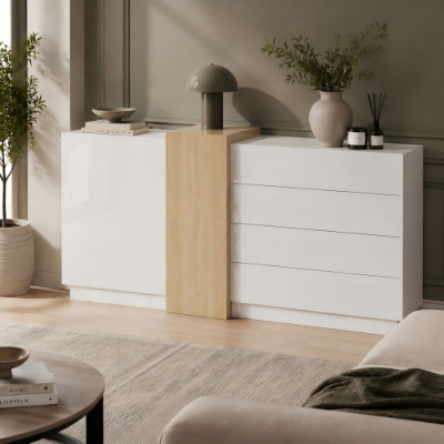 High-Gloss Sideboard with 4 Drawers and 2 Doors, 140L x 35W x 76.5H cm, White