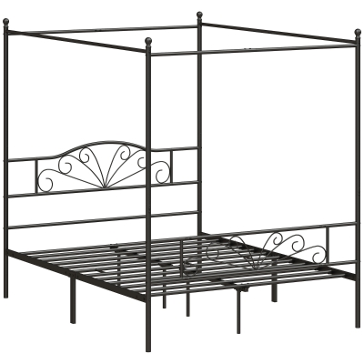 HOMCOM Metal Canopy Bed Frame Double with Storage Black
