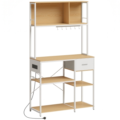 HOMCOM Kitchen Storage Rack Drawer Shelves Hooks Oak White
