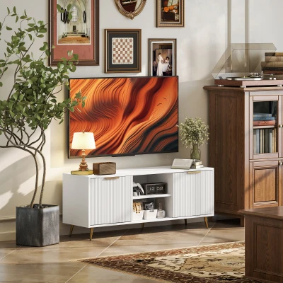 HOMCOM Móvel de TV Moderno Móvel de TV para Sala de Estar com 2 Compartimentos Abertos  para Televisores de 55 Polegadas 120x35x48 cm Branco
