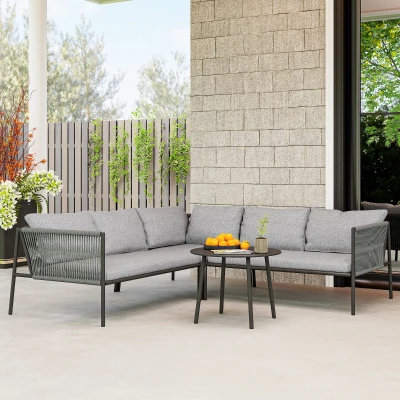 Outsunny Conjunto de Jardim em Vime com Almofadas Móveis de Jardim com 2 Sofás de 2 Lugares Sofá de Canto Mesa Redonda Cinza Escuro