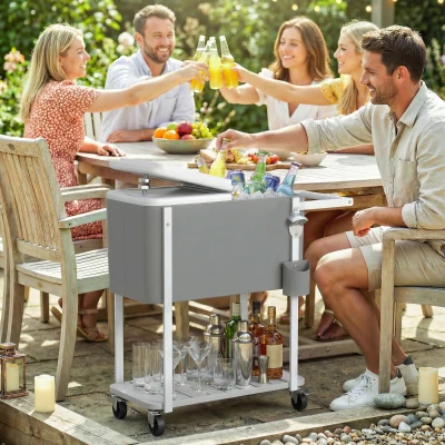 Outsunny Carrito Nevera de 56L con Ruedas Estante Abrebotellas Recogetapas Drenaje y Asa para Patio Fiesta 84x38x83 cm Gris