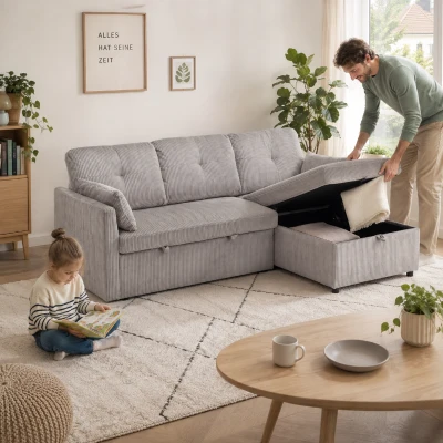 Ecksofa Samt Chaiselongue austauschbar einfach umwandelbar Schlafsofa 200cm Stauraumsitzen Hellgrau