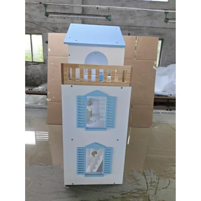 AIYAPLAY Casă de păpuși din lemn cu 3 etaje, lift și balcon, 5 camere și 13 piese de mobilier pentru copii 3-6 ani, Albastru