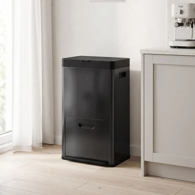 HOMCOM Coș rectangular cu pedală, coș bucătărie 56 L, 3 compartimente, închidere silențioasă, oțel inox, 45,7x35,8x76cm negru
