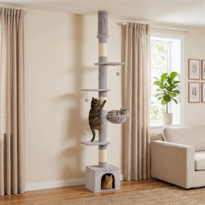 PawHut Floor to Ceiling Cat Tree Multi-Level Adjustable 230-250cm