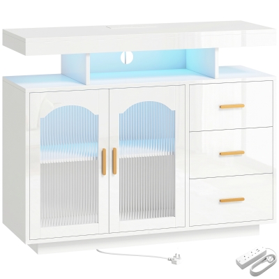 HOMCOM High Gloss Sideboard LED Shelves 3 Drawers White