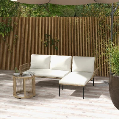 Outsunny Conjunto de Móveis de Jardim em Vime com Sofá de 2 Lugares Chaise Longue Almofadas e Mesa Auxiliar Creme e Madeira