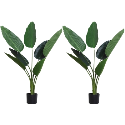 Outsunny 2 Palmas Artificiales 120 cm Plantas Artificiales Árboles Artificiales con 7 Hojas y Maceta para Decoración Hogar Verde