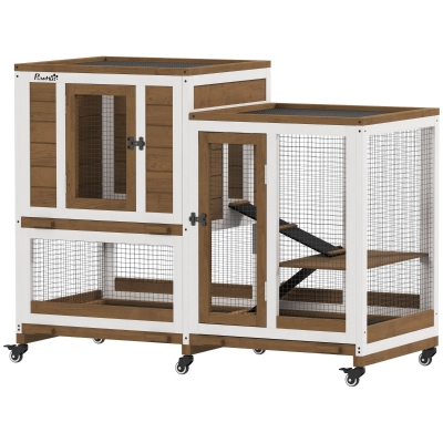 PawHut Coelheira de Madeira Interior Gaiola para Coelhos de 2 Níveis com Rodas 2 Rampas 3 Bandejas Amovíveis 110x50x86 cm Marrom